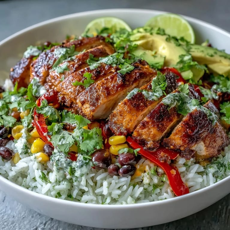 Cajun Chicken Bowl served over white rice with sautéed bell peppers, onions, black beans, and sweet corn, garnished with lime wedges.