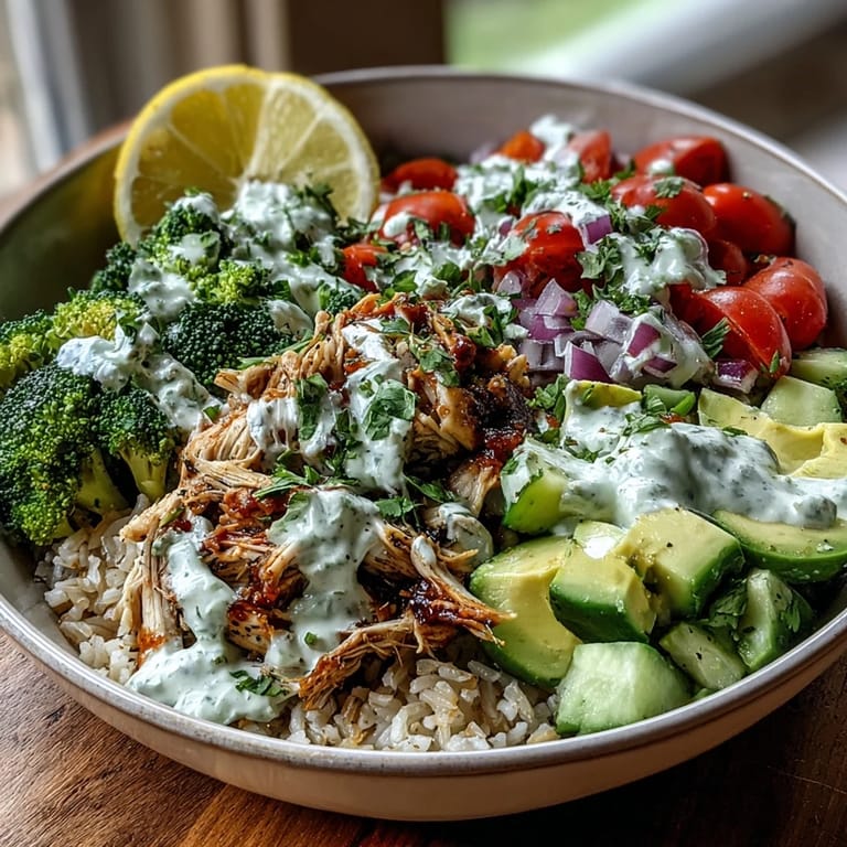 A wholesome Rotisserie Chicken Bowl features tender shredded chicken, crisp cucumber and tomatoes, and a generous scoop of hummus on fluffy quinoa, garnished with cilantro.
