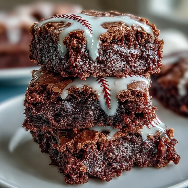 Fudgy brownie bites topped with piped white icing laces, making a fun and tasty baseball-inspired dessert.
