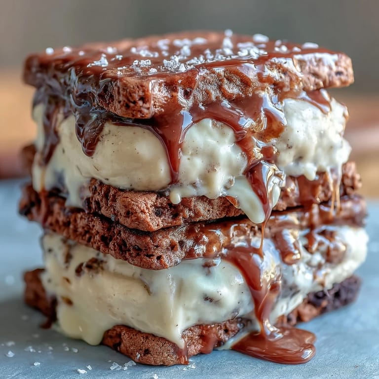 Creamy vanilla bean ice cream sandwiches with espresso cookies, served on a cooling rack, drizzled with chocolate sauce for an indulgent frozen treat.