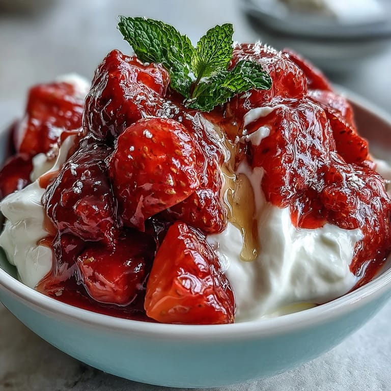 Strawberry compote with vanilla and lemon spooned atop thick Greek yogurt, garnished with mint for freshness.