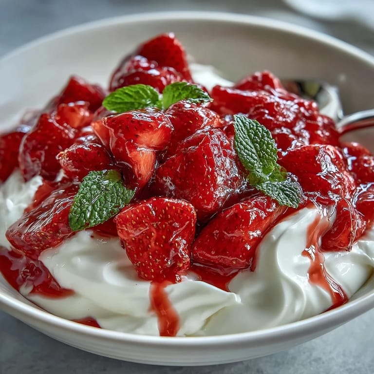 Velvety Greek yogurt layered with warm strawberry compote, honey drizzle, and mint leaves for a simple dessert.