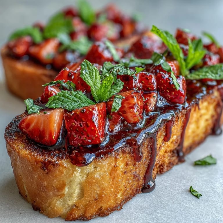 Finished fresh strawberry bruschetta plate with balsamic glaze.