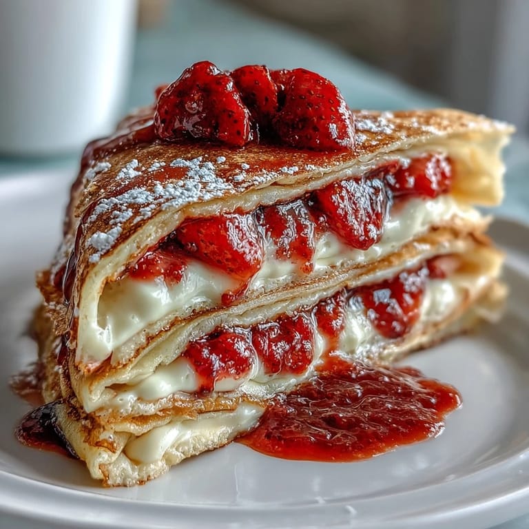 Elegant dessert tower featuring delicate crepes, luscious vanilla mascarpone filling, and vibrant strawberries, dusted with powdered sugar.  