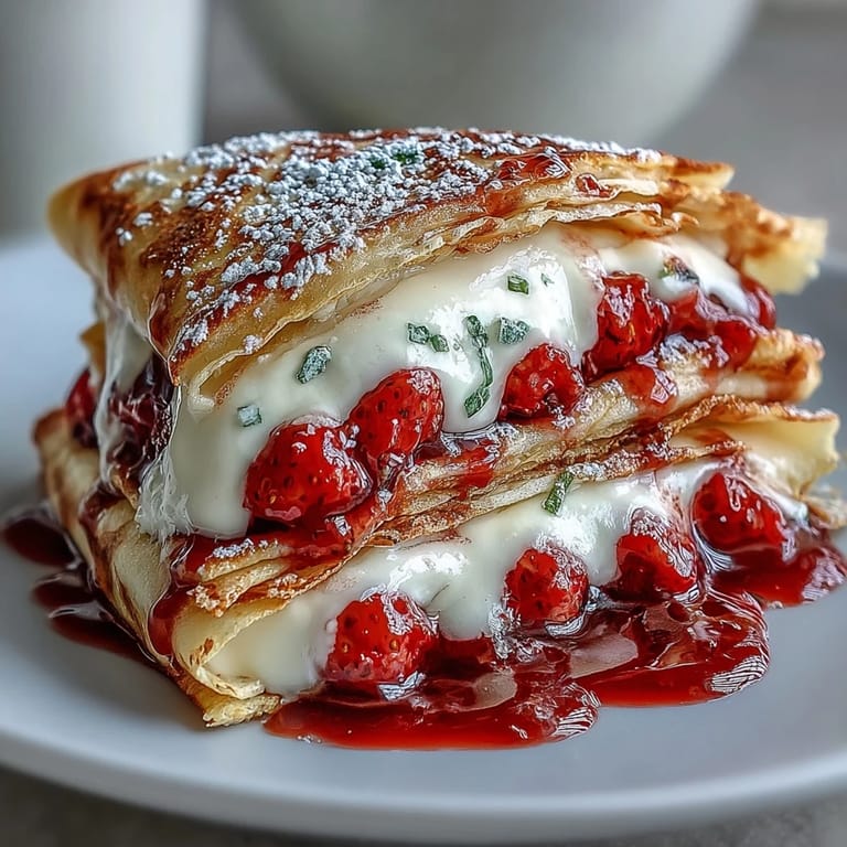 Beautiful French-inspired strawberry crepe cake with silky cream layers and juicy fresh berries, ideal for special occasions.