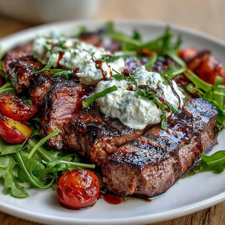 Arugula, grilled peaches, and burrata cheese combine in a colorful salad drizzled with tangy balsamic glaze.