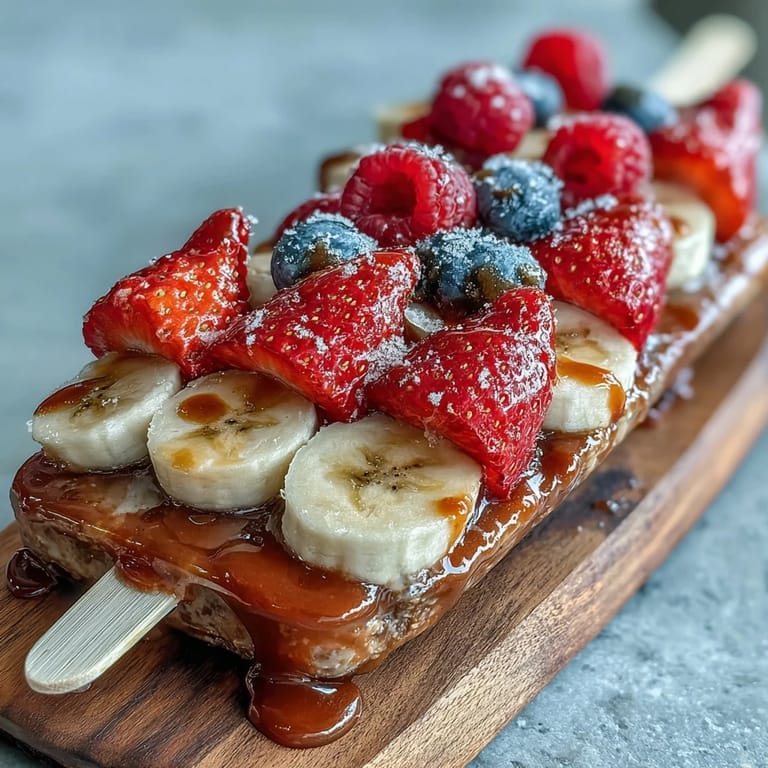 Festive Fourth of July fruit skewers featuring juicy strawberries, sweet bananas, and fresh blueberries on wooden sticks.