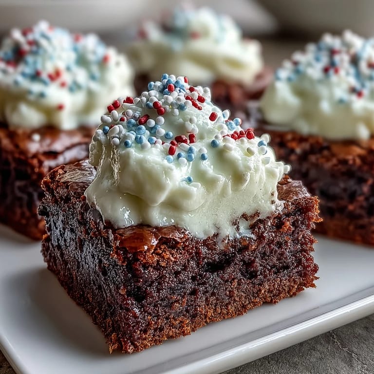 Bite-sized fudgy brownies with festive frosting and colorful sprinkles, perfect for Fourth of July celebrations and parties.