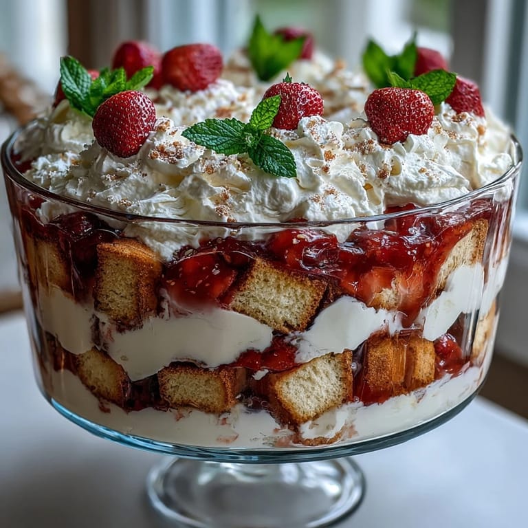 Elegant trifle featuring homemade shortcake, juicy strawberries, and fluffy whipped cream for Mothers Day celebration.