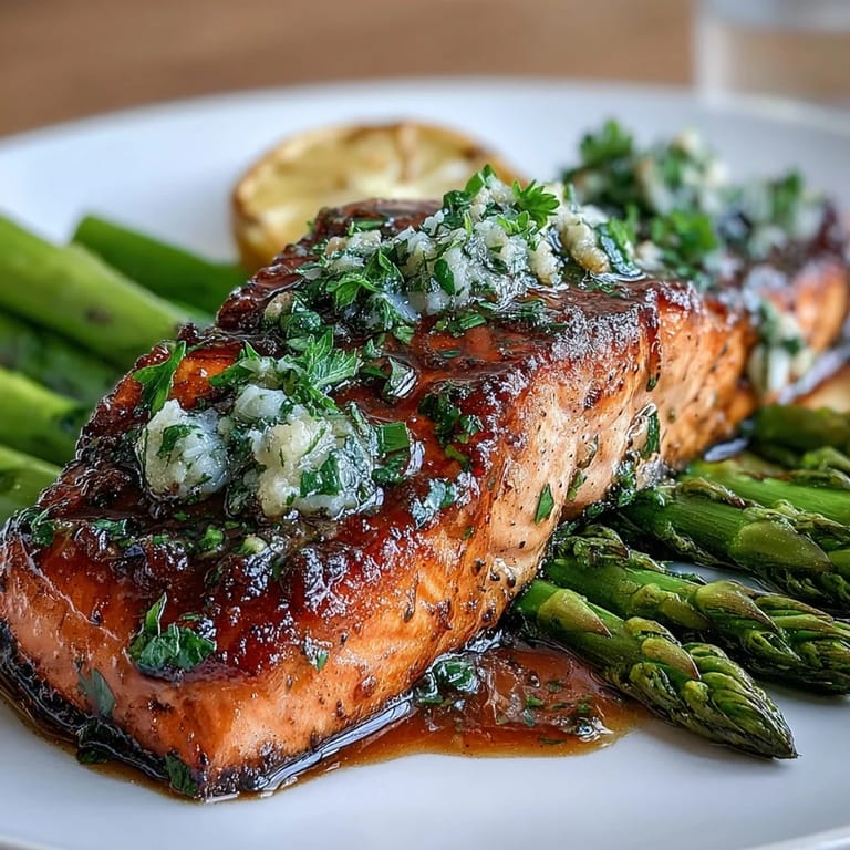 Pan-seared salmon fillets with crisp asparagus in a fragrant garlic butter sauce, garnished with fresh parsley and lemon slices.