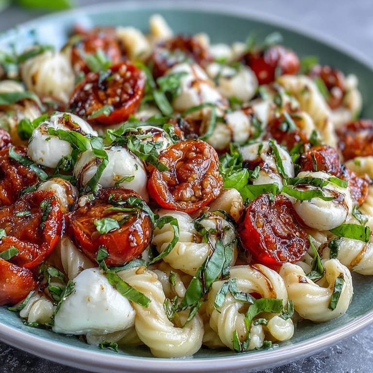 Colorful summer pasta salad featuring al dente penne, ripe cherry tomatoes, and fresh mozzarella, tossed with basil and balsamic glaze.