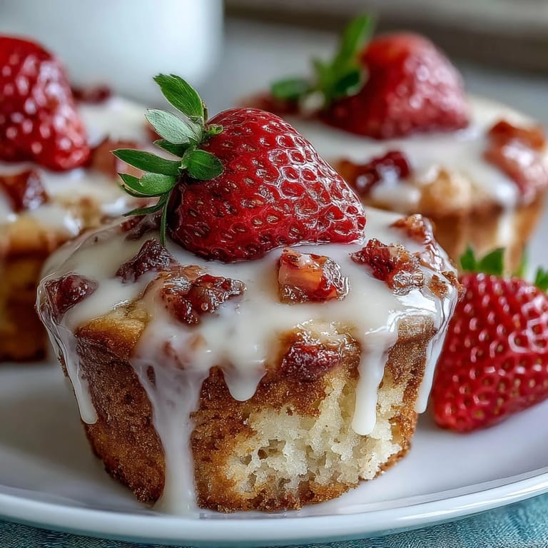 Golden muffins bursting with juicy strawberries and citrus aroma, finished with a tangy lemon glaze—perfect for a light breakfast or brunch.