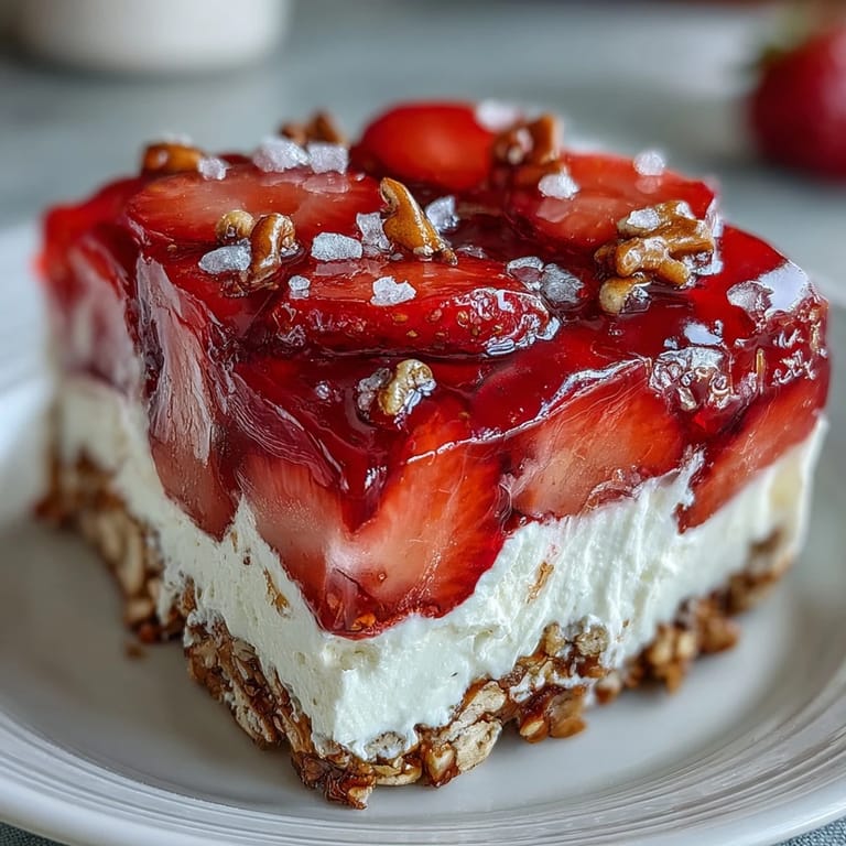 A delicious Memorial Day Strawberry Pretzel Salad Dessert ready to be sliced for guests.