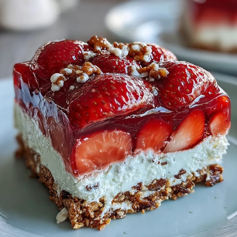 Festive Memorial Day Strawberry Pretzel Salad Dessert, featuring ruby-red gelatin and sweet, crumbly layers.