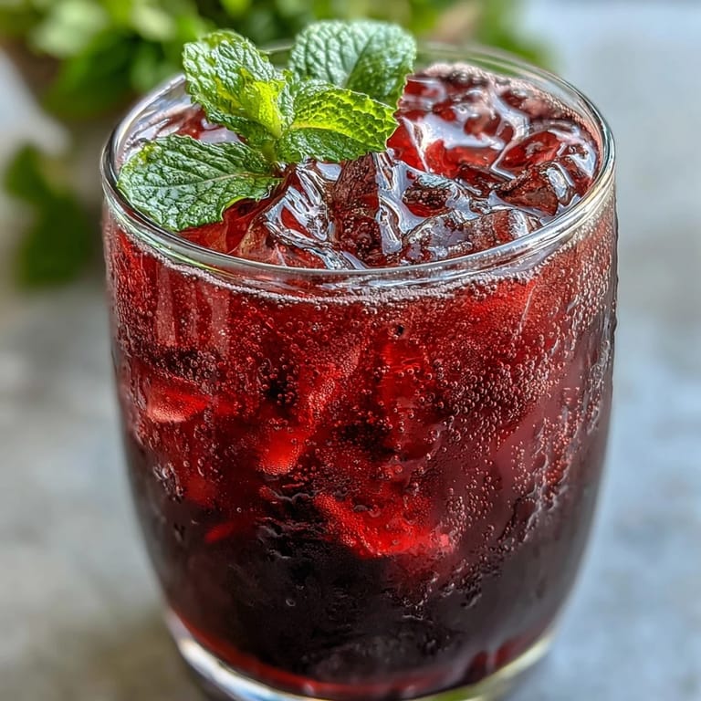 Ruby red Sparkling Hibiscus Mint Lemonade Mocktail poured over ice.