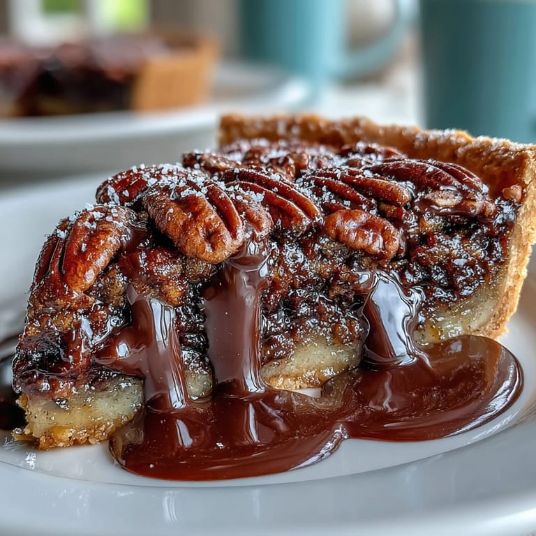 A slice of homemade chocolate bourbon pecan tart drizzled with bourbon caramel.