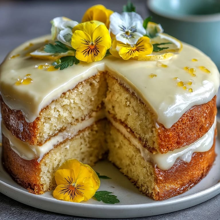 Close-up of fluffy Lemon Sunshine Cake with bright floral decorations.