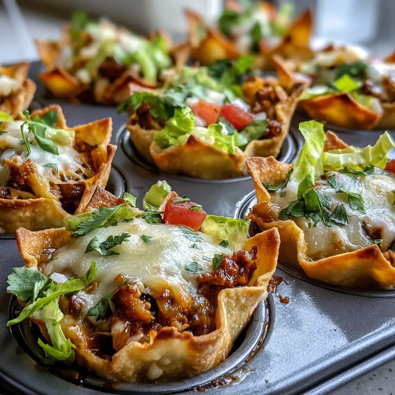 Savory ground beef taco cups baked in wonton wrappers, a perfect party bite.