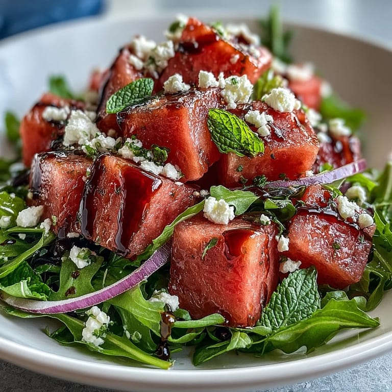 Glistening watermelon feta arugula salad, sprinkled with feta and fresh mint.