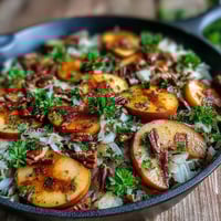 Warm apple and sauerkraut skillet salad with caramelized apples and fresh parsley.