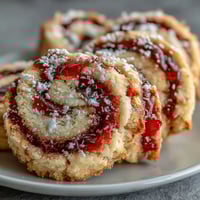 Golden Raspberry Swirl Shortbread Cookies with jam centers rest on a cooling rack.