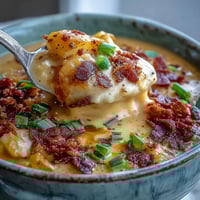 Creamy Loaded Potato Soup topped with crispy bacon, shredded cheddar, and fresh green onions in a rustic bowl.