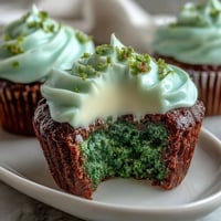 Festive green velvet cupcakes with cocoa undertones, topped with creamy cream cheese frosting for St. Patrick's Day celebrations.