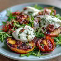 Grilled peaches and creamy burrata create a vibrant summer salad with arugula and balsamic glaze.