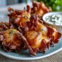 Crispy dandelion fritters with golden batter, served with a vibrant herb dipping sauce for a delightful appetizer.  