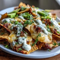 Soccer Game Day Nachos with Cheese Sauce: crispy tortilla chips smothered in creamy, smoky cheese sauce and topped with fresh jalapeños, tomato, and avocado.