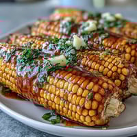 Juicy corn on the cob steamed in the microwave and topped with rich garlic butter for a quick, flavorful side.