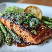 Garlic Butter Salmon with Asparagus sizzling in a skillet, glazed in rich garlic butter sauce, served with vibrant green asparagus spears.