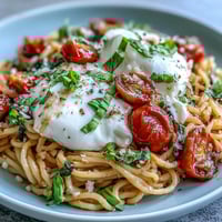 Caprese Pasta with Burrata featuring ripe tomatoes, fresh basil, and creamy burrata on a rustic plate.