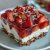 Bright Memorial Day Strawberry Pretzel Salad Dessert with creamy swirl and red berries.