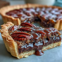 Rich chocolate bourbon pecan tart with golden toasted pecans, perfect for dessert.