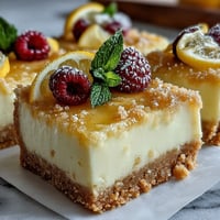 Skyr lemon cheesecake bars: pale yellow, creamy dessert with vibrant lemon zest topping.